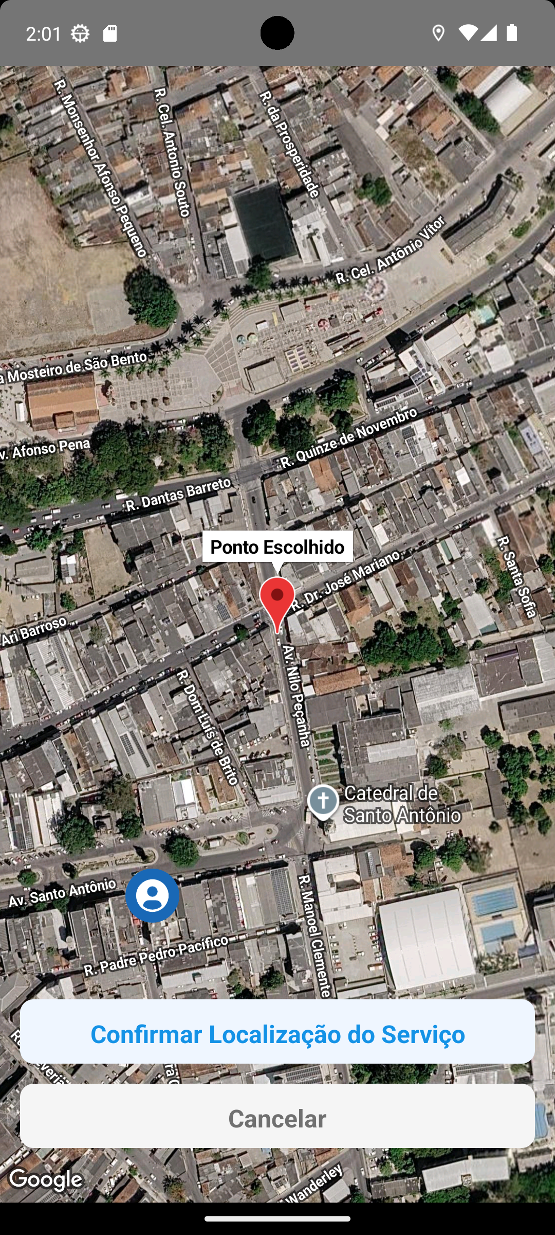 Tela do aplicativo +Serviços Prestados para selecionar no mapa o local do serviço realizado